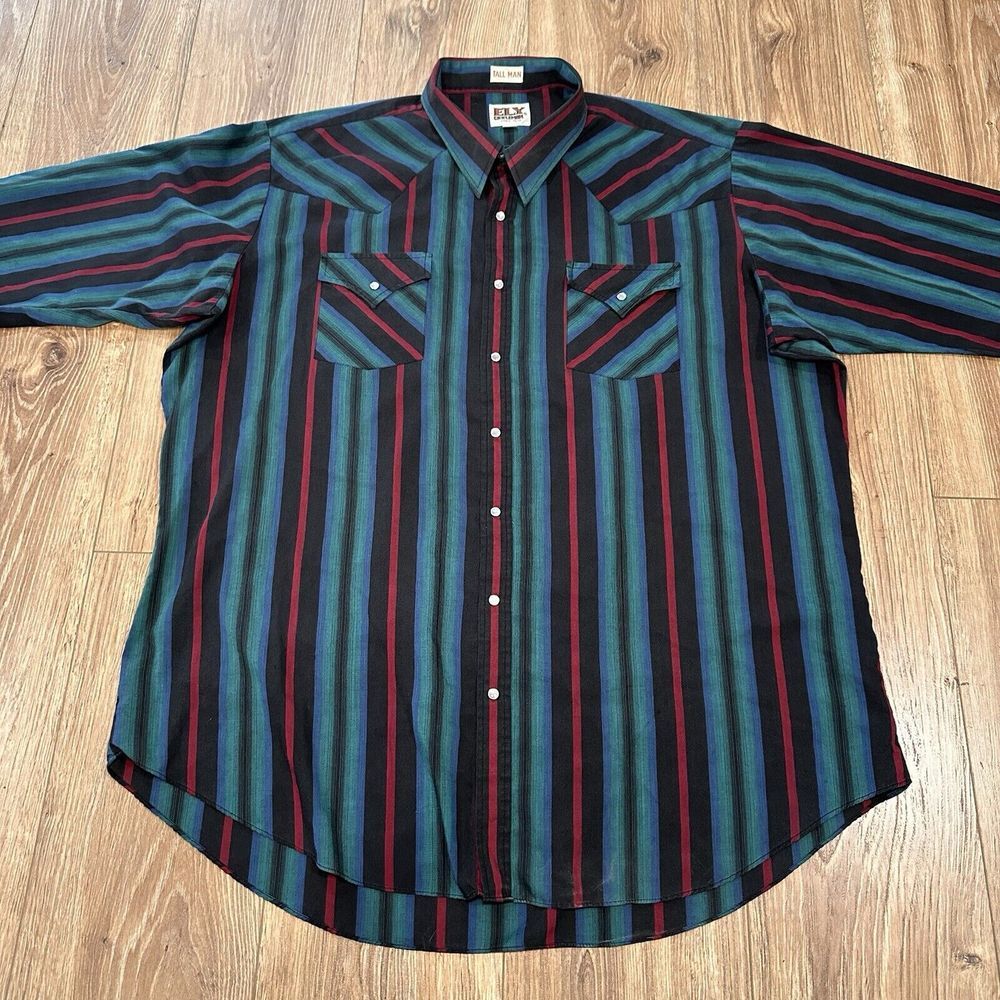 Vintage Ely Cattleman Pearl Snap Western Shirt Teal  Black Red Stripe Size 2XL‎